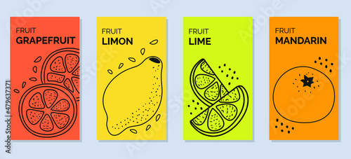 Four bright isolated banners with citrus fruits - mandarin, grapefruit, lime, mandarin, orange