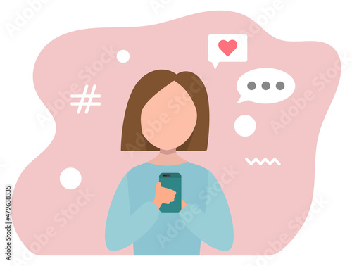 woman looks at the phone. influential girl looks at a social media gadget surrounded by hashtags and likes on a pink background. cute flat illustration vector