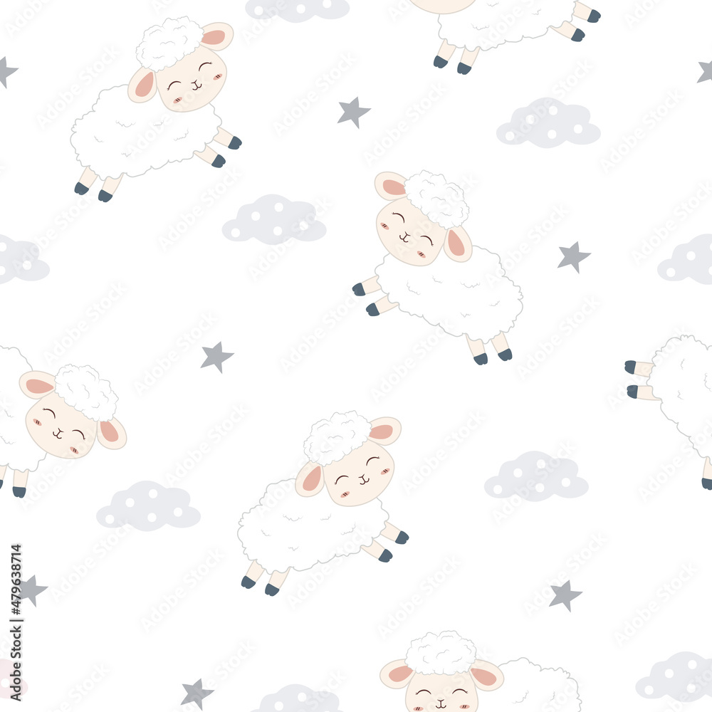 Kawaii cute sheeps seamless pattern design for scrapbooking, decoration, cards, party, paper goods, background, wallpaper, wrapping, fabric and all your creative projects