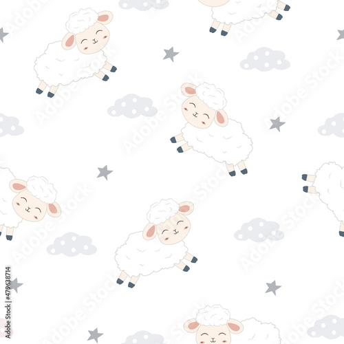 Kawaii cute sheeps seamless pattern design for scrapbooking, decoration, cards, party, paper goods, background, wallpaper, wrapping, fabric and all your creative projects
