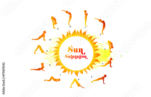 Woman doing Surya Namaskar, Sun Salutation. International Yoga Day. Vector illustration