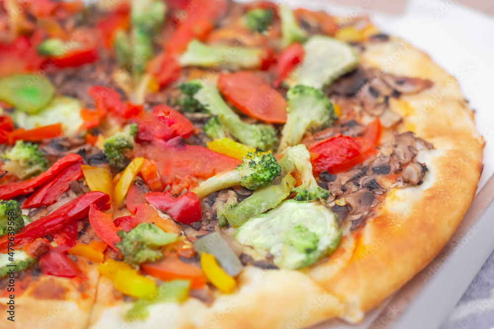 Vegan pizza close up. Healthy homemade snack for student party. Vegan pizza close up. Healthy homemade snack for student party.