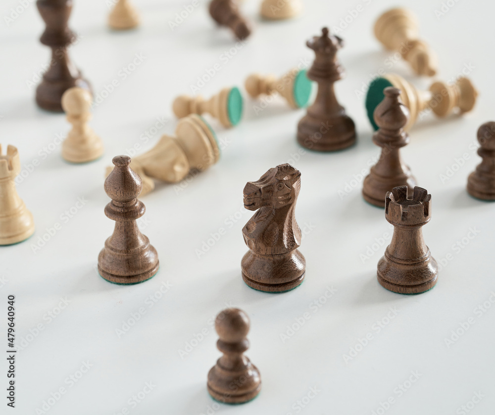 Chess pieces are arranged on a white background, quality solid wood pieces. Chess piece knight, pawn rook king officer queen
Chess pieces are arranged on a white background, quality solid wood pieces. Chess piece knight, pawn rook king officer queen