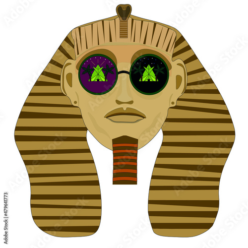 Vector illustration in ancient egyptian style. Sphinx modern pharaoh with pyramid glasses. isolated. Sphynx icon