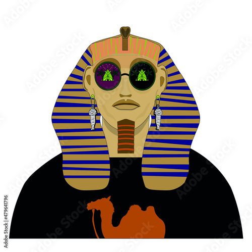 Vector illustration of brutal pharaoh tutankhamun in a round glasses with pyramids illustration. modern pharaoh with mummy earrings. tourism promotion pharaoh face isolated
