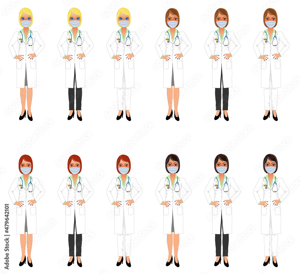 Female doctors standing hands on hips, various clothing and hair colours, with masks Female doctors standing hands on hips, various clothing and hair colours, with masks