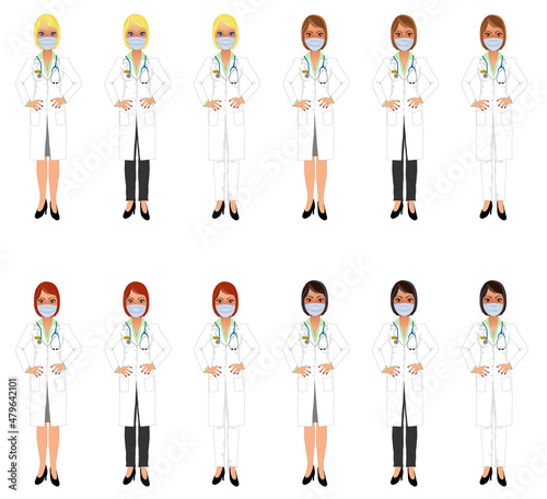 Female doctors standing hands on hips, various clothing and hair colours, with masks
