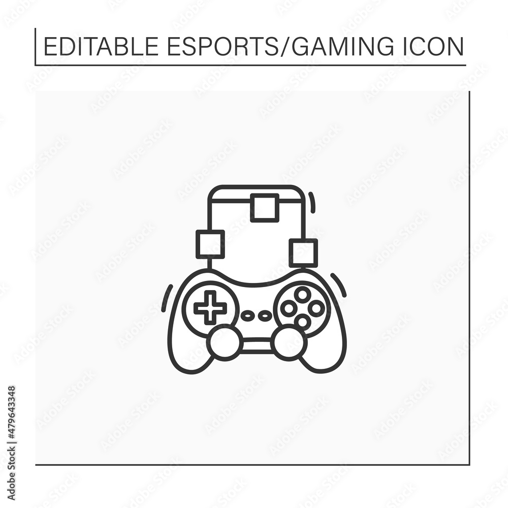 Mobile game line icon. Electronic gaming. Interaction with user interface or input device. Joystick, mobile phone. Esports concept. Isolated vector illustration.Editable stroke