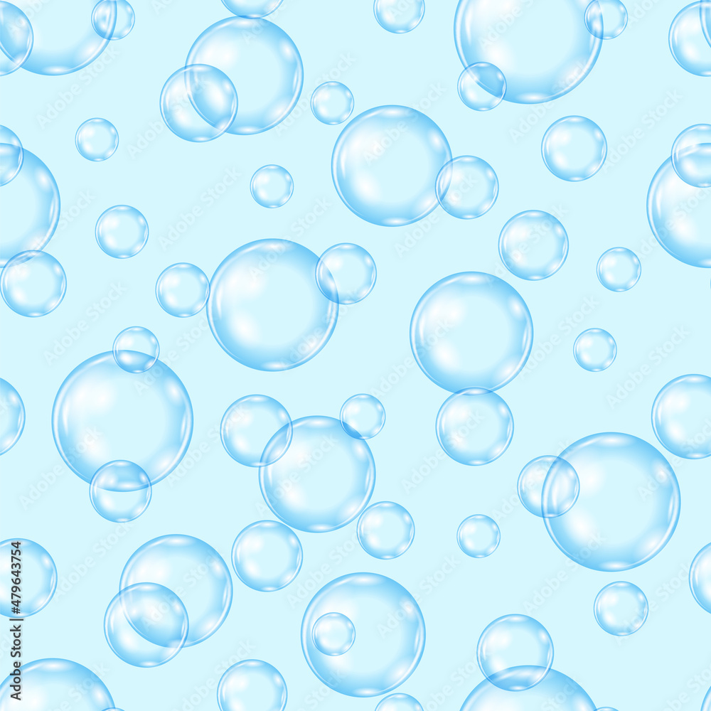 Circle Soap Bubbles Pattern on Blue Backgroun. Seamless Texture