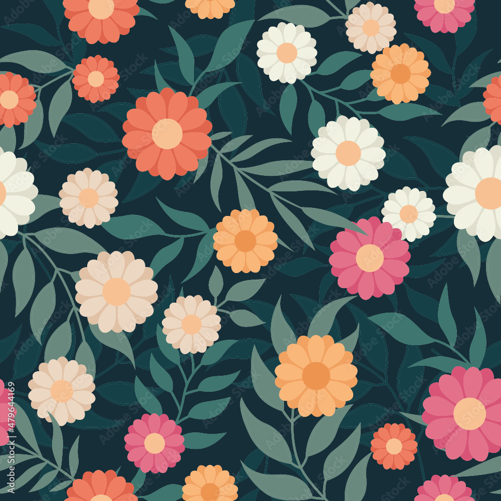 Green leaves, flowers, floral seamless pattern Green leaves, flowers, floral seamless pattern