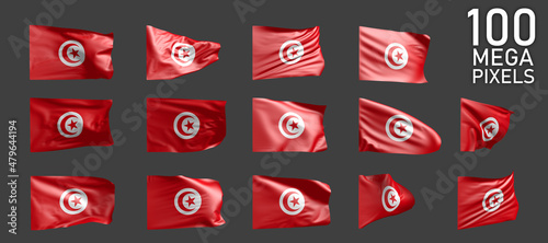 Tunisia flag isolated - different realistic renders of the waving flag on grey background - object 3D illustration