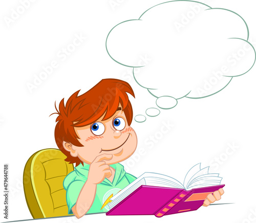 Cartoon thinking boy with book. 
Colour vector illustration of a cartoon boy reading a book
with thought bubble. 
