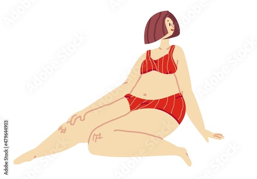 Cartoon woman sitting and relaxing clothed in lingerie - pants and bra. Vector illustration in modern memphis flat hand drawn design. Character isolated on white background.