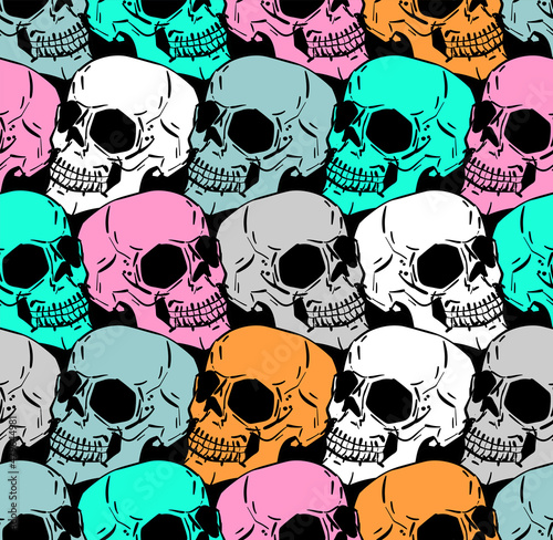 Colored Skull pattern seamless. Hand drawing Multicolored Skeleton head background. Death texture. Skulls ornament