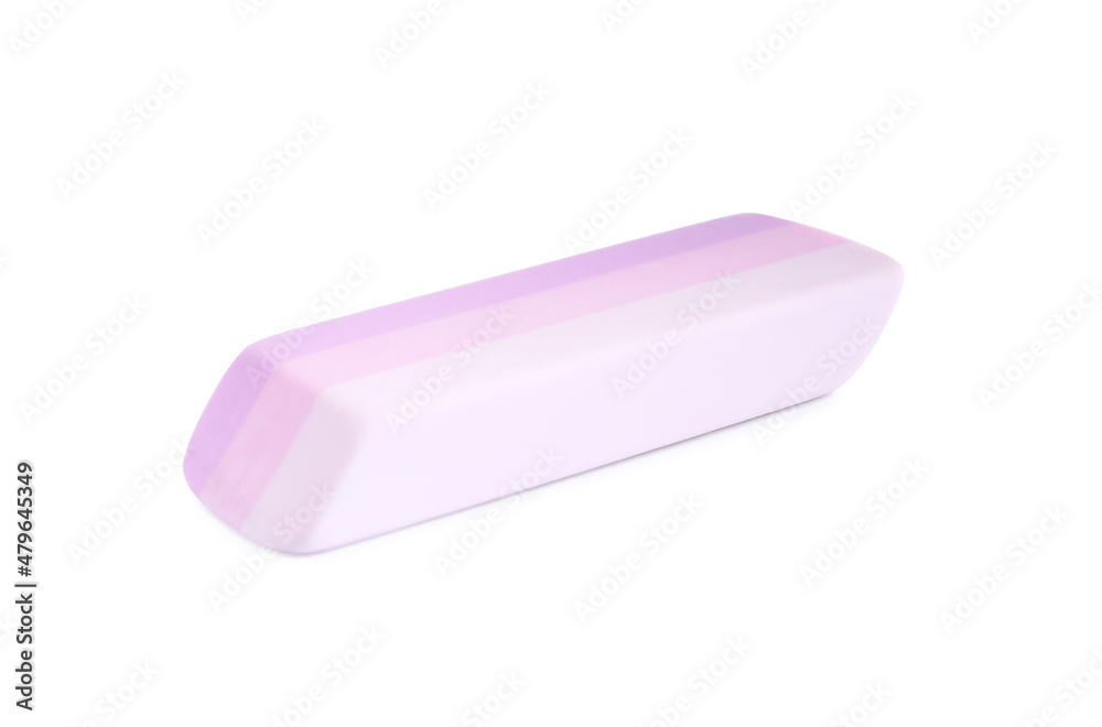 New bright eraser isolated on white. School stationery New bright eraser isolated on white. School stationery