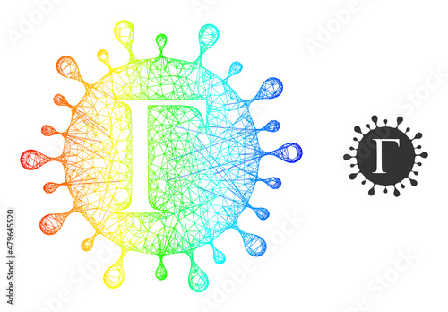 Net mesh Gamma coronavirus frame icon with spectrum gradient. Bright frame mesh Gamma coronavirus icon. Flat carcass created from Gamma coronavirus symbol and intersected lines.