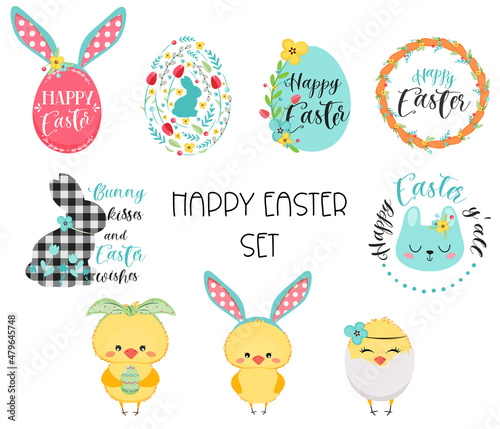 Happy easter set with eggs, flowers, chicks and bunny. Vector illustration
