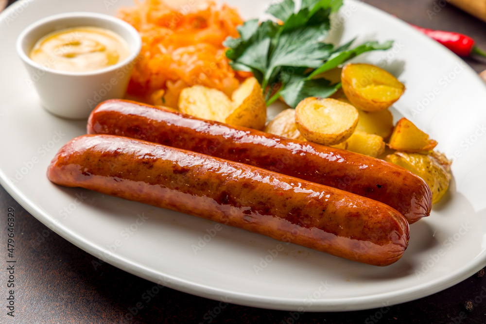 Tyrolean sausages with potatoes and fried cabbage macro close up Tyrolean sausages with potatoes and fried cabbage macro close up