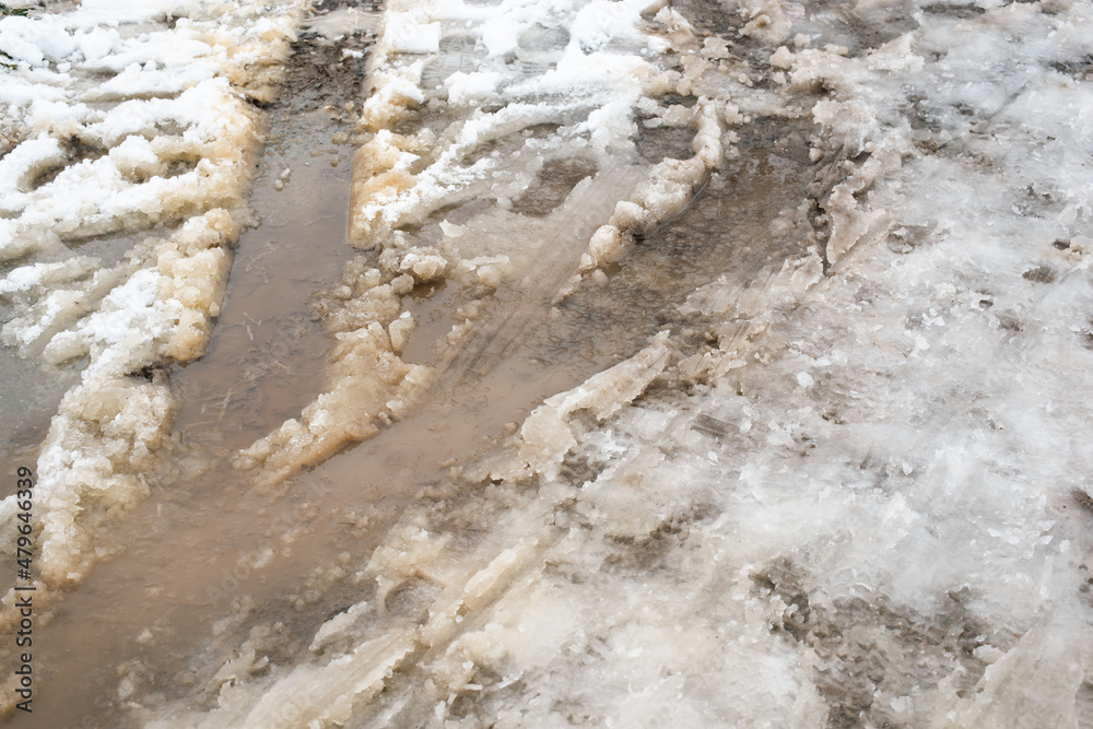 Snow covered road, tracks of a car, stormy and icy weather, wintertime, slippery streets, environmental issue Snow covered road, tracks of a car, stormy and icy weather, wintertime, slippery streets, environmental issue