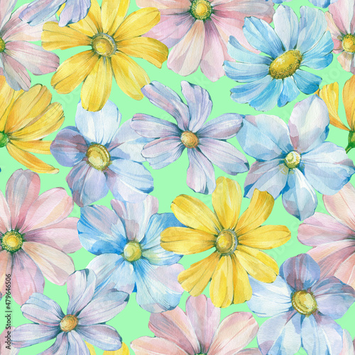 Seamless botanical ornament from watercolor flowers. Abstract floral pattern. Art background for design  print  wallpaper  wrapping paper.