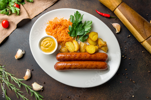 Tyrolean sausages with potatoes and fried cabbage top view photo