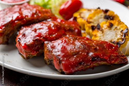 fried pork ribs in chili sauce macro close up