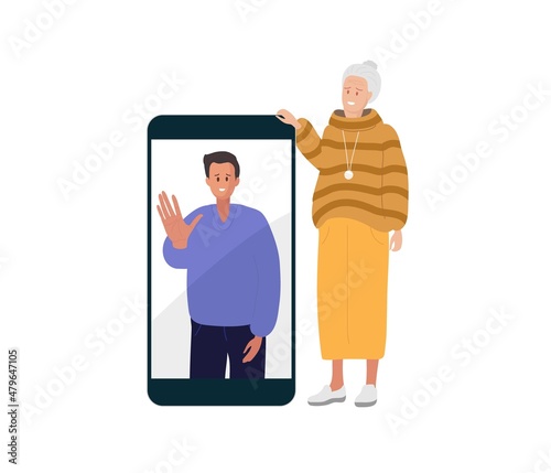 Elderly woman looking at her smartphone and smiling. Young man on screen mobile phone. Elderly mother talks to her adult son via video connection. Video chat. Colored flat cartoon vector illustration.