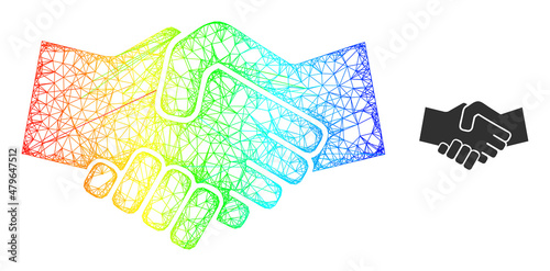 Mesh net handshake frame icon with spectral gradient. Vibrant frame net handshake icon. Flat mesh created from handshake icon and crossed lines.