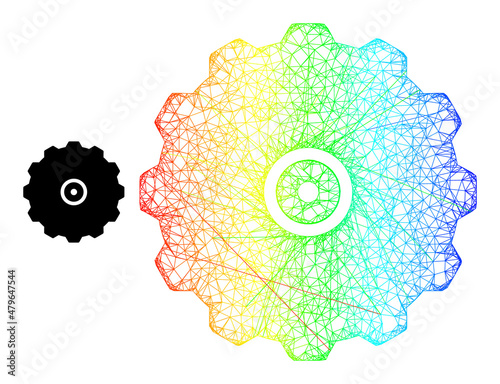 Crossing mesh gearwheel frame icon with spectrum gradient. Bright carcass network gearwheel icon. Flat mesh created from gearwheel icon and crossing lines.