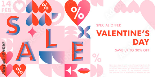 Valentines Day sale banner template.Special offer layout in bauhaus style with geometric elements and symbols.Modern trendy design for flyers,ads,vouchers,promo offers.Vector Valentines marketing.