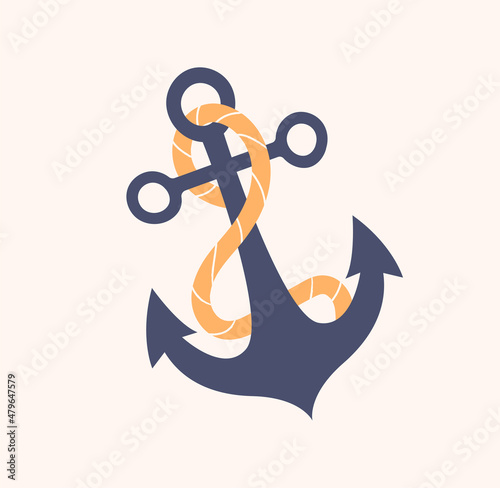 Sea life concept. Colorful sticker with heavy metal anchor and rope. Part of sunken ship at bottom of ocean. Design element for printing on paper and patterns. Cartoon flat vector illustration