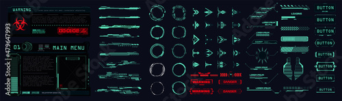 Sci-fi UI collection elements futuristic frames, circle, callouts titles, loading bars, arrows. HUD tech or digital technology game frames and text boxes. Futuristic info boxes layout templates.