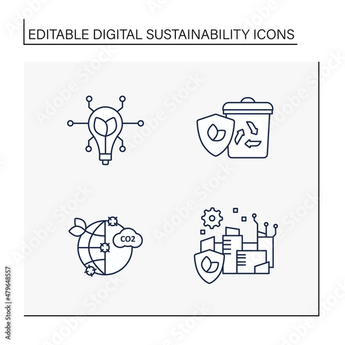 Digital sustainability line icons set. Modern technology. Modernized buildings. Global environment protection. Ecology concept. Isolated vector illustrations.Editable stroke