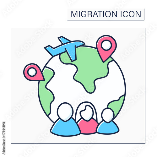Family migration color icon. Migrate due to new or established family ties. Reunification with family members who migrated earlier. Migration concept. Isolated vector illustration