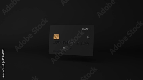 Black gold platinum 3d credit debit card spinning on dark background. Business financial theme animation, wireless payments, bank technologies pay pass, plastic card spin with chip, 4k minimal mockup