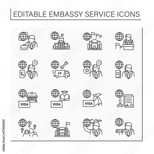 Embassy service line icons set. Consultation, advice about migration to abroad. Government in another state.Citizen rights. Diplomation mission concept. Isolated vector illustrations. Editable stroke photo