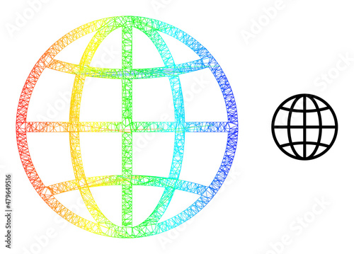 Net globe frame icon with rainbow gradient. Colorful carcass net globe icon. Flat carcass created from globe icon and intersected lines.