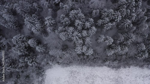 Aerial footage of winter landscape in a forrest. High quality 4k footage