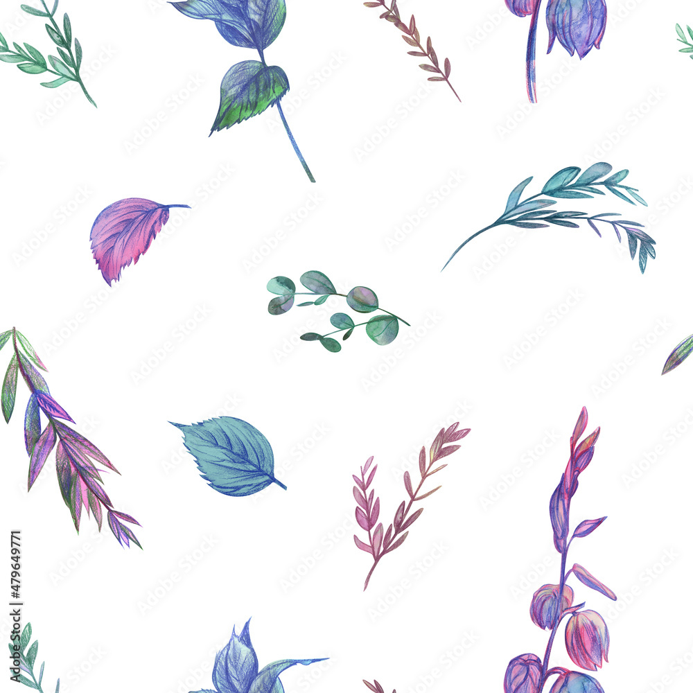 Fototapeta premium Seamless pattern with eucalyptus leaves and sprigs on a white background for textiles and surface design