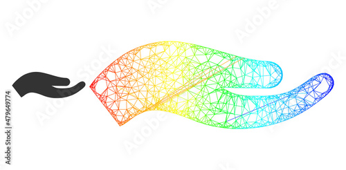 Net petition hand frame icon with spectral gradient. Colored carcass net petition hand icon. Flat framework created from petition hand icon and crossing lines.