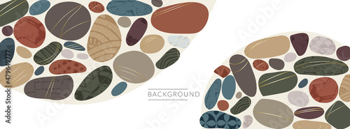 Pebble stone and organic rock shapes banner background vector illustration. Minimalist irregular nature geometry with stones figure. Abstract colorful pebble with golden line art and grunge texture