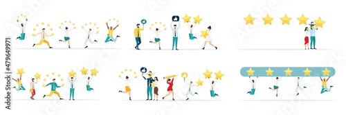Customer feedback  testimonial. Online survey concept.Set . Group of people rating customer experience  writing review  leaving feedback. Client  user satisfaction. Isolated flat vector illustration