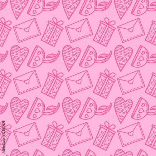 Vector seamless pattern. Hearts, flowers, gifts and letters in doodle style. Love concept for Saint Valentines day or woman day. Background for cards, social media posts, printing on wrapping paper.