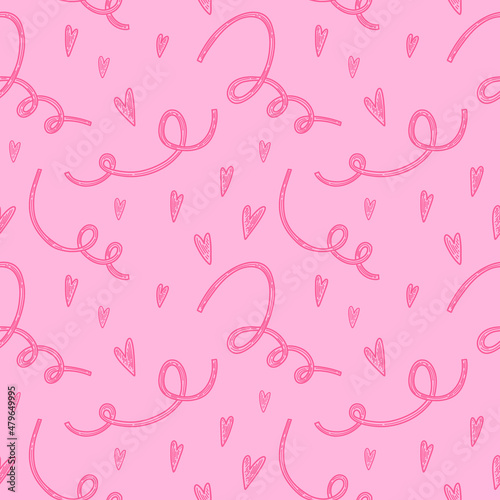 Vector seamless pattern. Hearts, flowers, gifts and letters in doodle style. Love concept for Saint Valentines day or woman day. Background for cards, social media posts, printing on wrapping paper. 