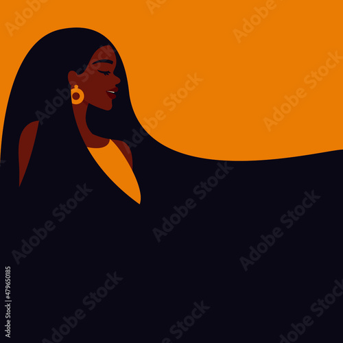 Card with beautiful african woman with flowing hair on yellow background. Template for beauty salon, hair salon or Women's Day, 8th March. 