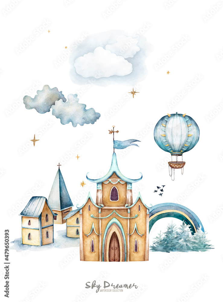gentle watercolor castle with a rainbow, clouds, with cozy houses, forest, air balloon, kite, for greeting cards in pastel colors