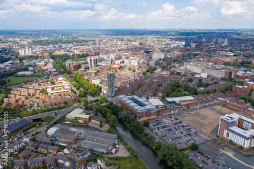 Aerial photo of the city centre of Leicester in the UK showing houses and apartment building on a sunny summers day photo