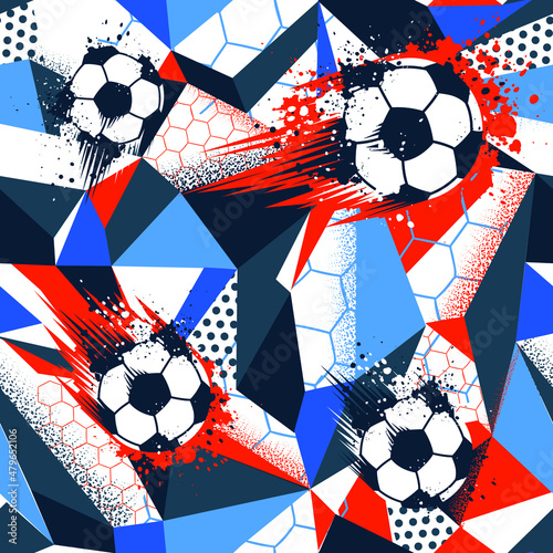 Abstract seamless football pattern. Geometric sport print. Repeat geometrical ornament with soccer ball.