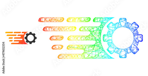 Mesh net rush gear carcass icon with rainbow gradient. Vibrant carcass net rush gear icon. Flat model created from rush gear icon and intersected lines.