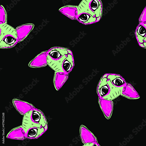 Abstract seamless Sphinx cat faces pattern. Neon colorful kitten repeat print on black background.